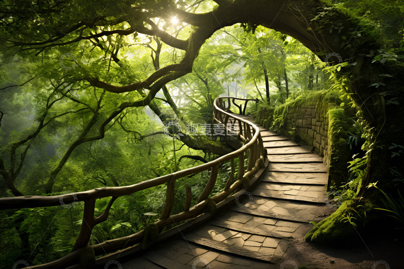 高清大图下载【趣麦麦图】深林里的木头栈道
