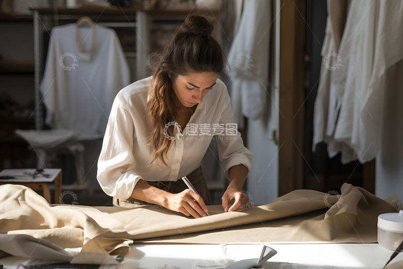 高清大图下载【趣麦麦图】裁切布料的服装设计师