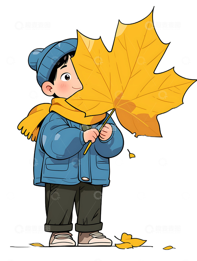 高清大图下载【趣麦麦图】卡通大男孩拿着大枫叶