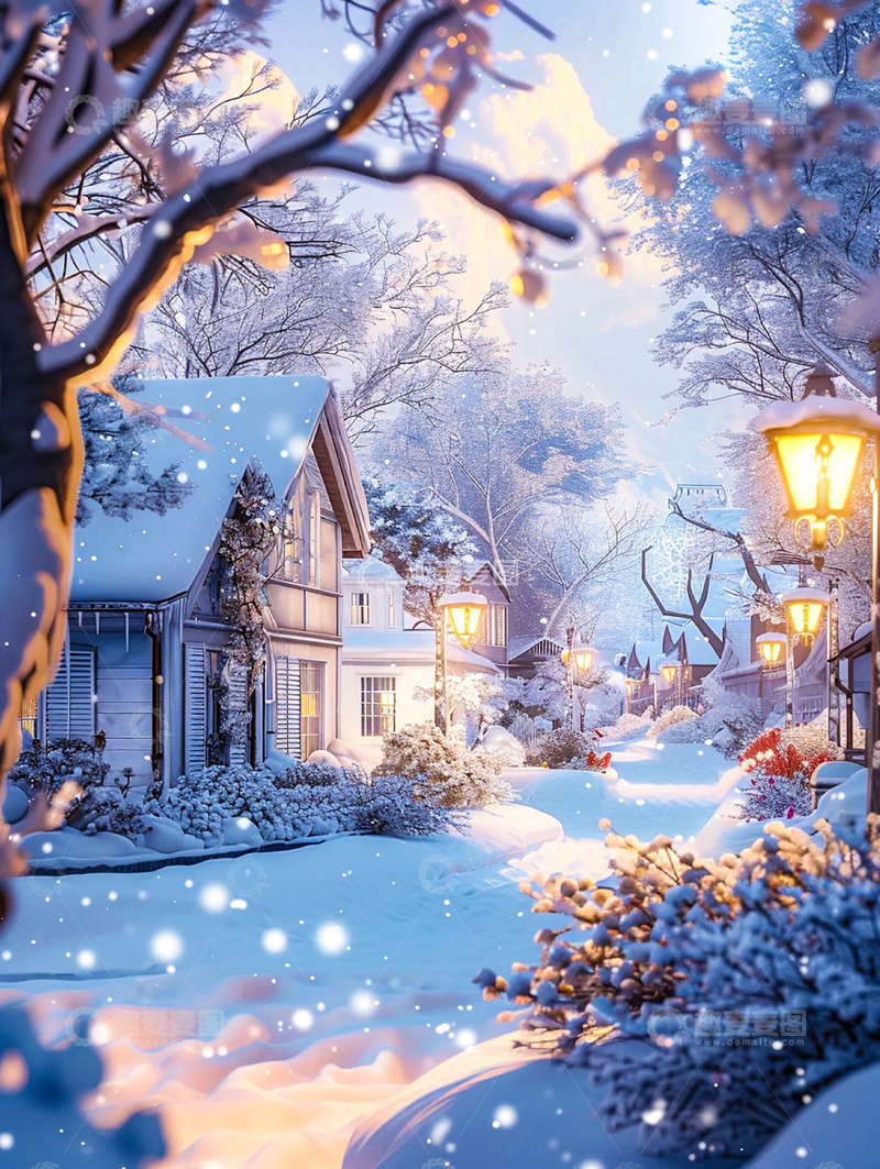 高清大图下载【趣麦麦图】冬季房屋树木街道场景