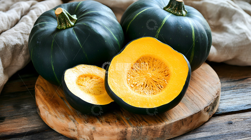 高清大图下载【趣麦麦图】整只和切开的绿色南瓜食品摄影图