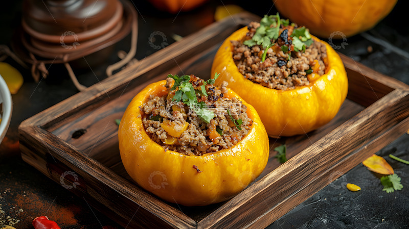 高清大图下载【趣麦麦图】两只填充蔬菜和谷物的小南瓜美食摄影图