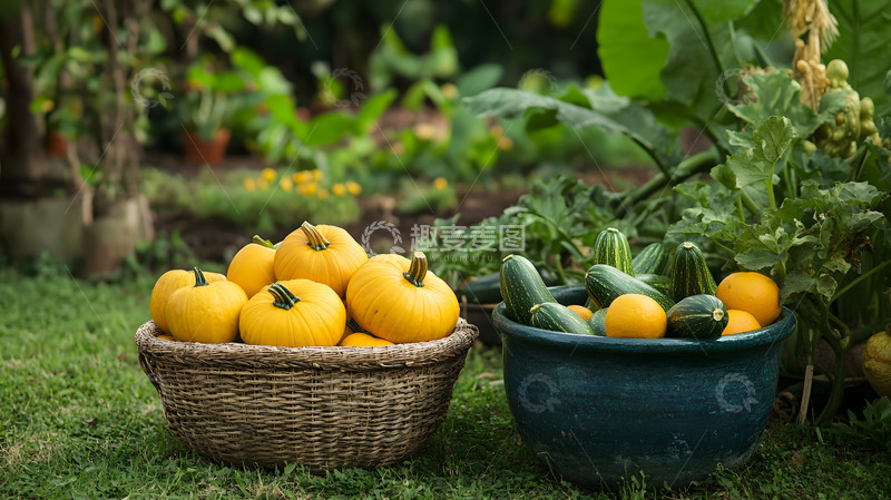 高清大图下载【趣麦麦图】黄色南瓜与西葫芦丰收场景摄影图
