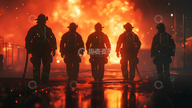 高清大图下载【趣麦麦图】消防员团队在火灾现场执行紧急任务