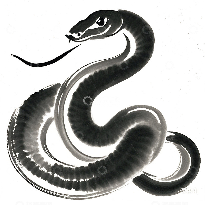 高清大图下载【趣麦麦图】蛇年水墨画毛笔画