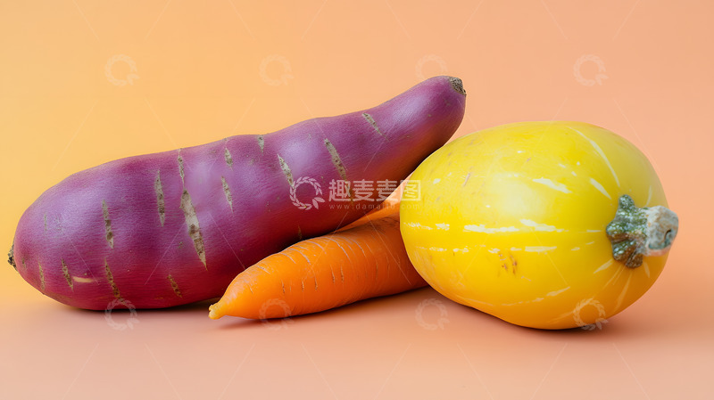 高清大图下载【趣麦麦图】紫薯和黄南瓜与胡萝卜食品展示摄影图