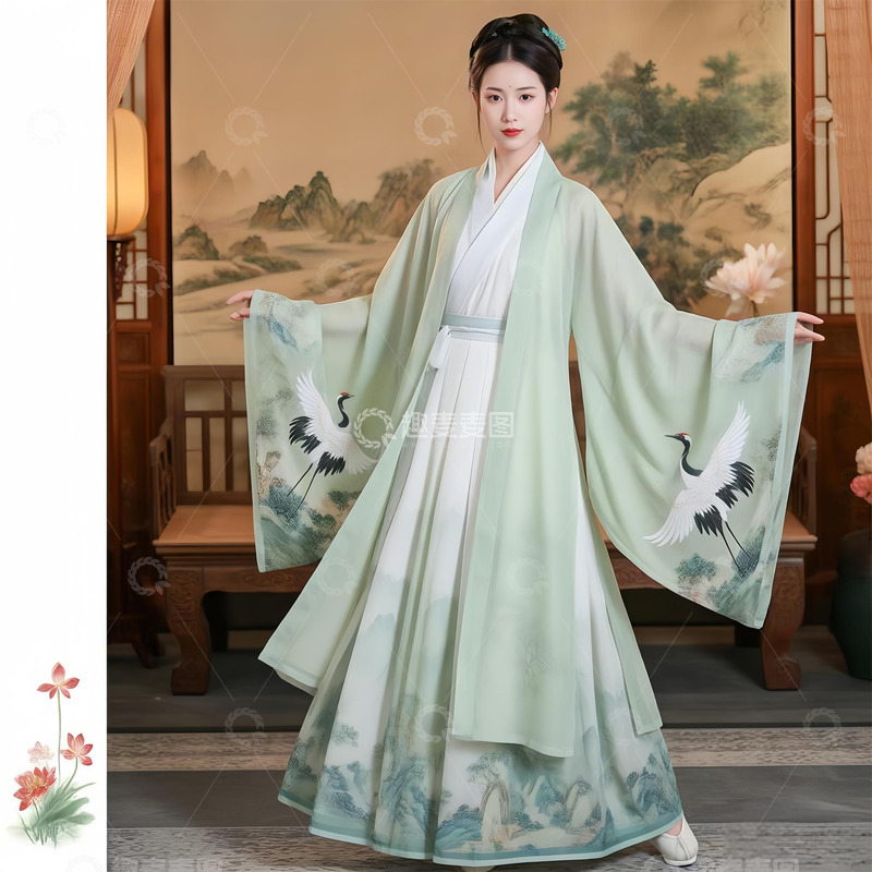 高清大图下载【趣麦麦图】国潮古风青衣美女山水图背景