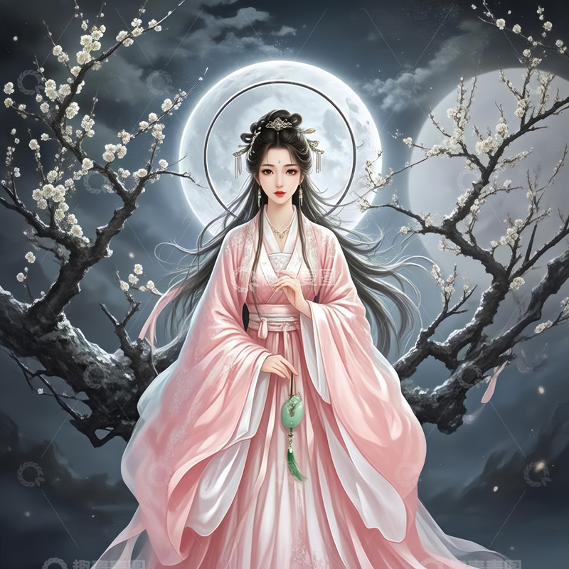 高清大图下载【趣麦麦图】古风粉衣长发美女人物背景图