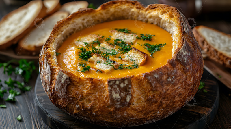 高清大图下载【趣麦麦图】面包碗中的南瓜汤配烤面包块的美食摄影图