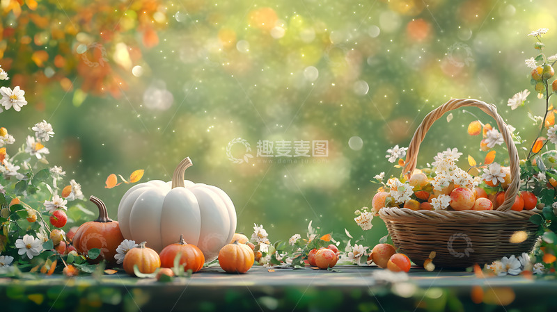 高清大图下载【趣麦麦图】户外白色南瓜与秋季花卉装饰自然场景摄影图