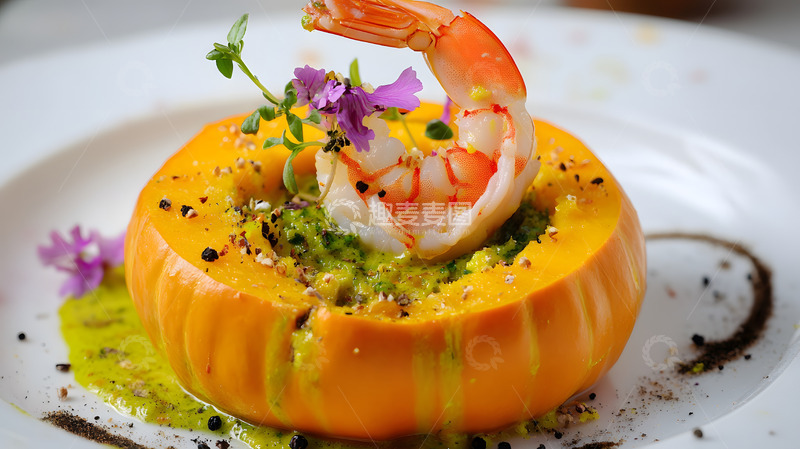 高清大图下载【趣麦麦图】白盘上的南瓜配大虾创意摆盘美食摄影图