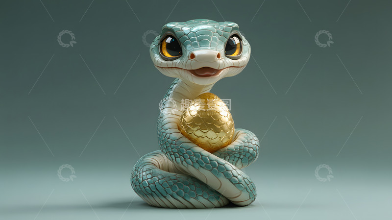 蛇年卡通绿色蛇抱金蛋新年吉祥物雕塑摆件