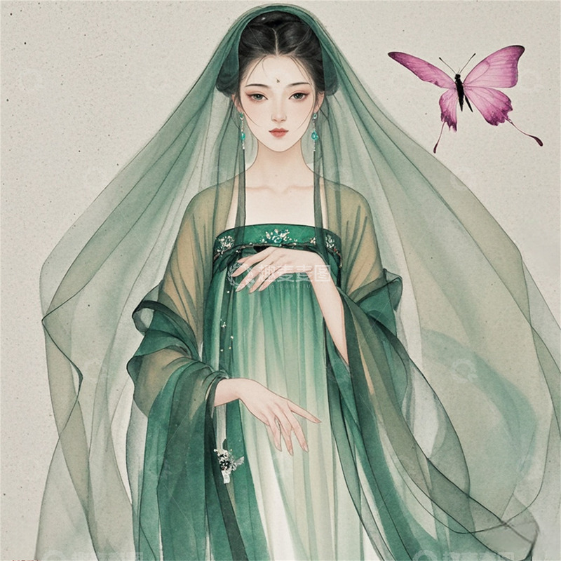高清大图下载【趣麦麦图】古风青衣美女纱衣蝴蝶背景图
