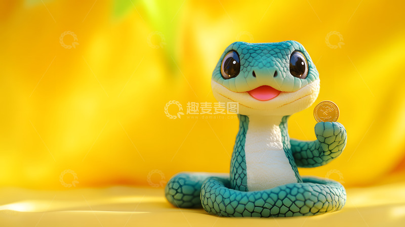 蛇年卡通可爱绿色蛇握金币新年吉祥物摆件