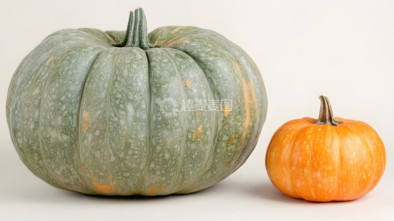 高清大图下载【趣麦麦图】大绿色南瓜与小橙色南瓜对比摄影图