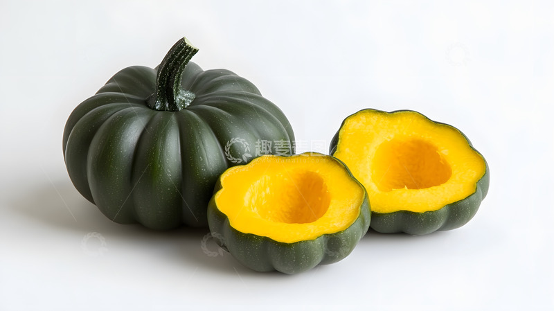 高清大图下载【趣麦麦图】整只与切开的绿色南瓜食品摄影图