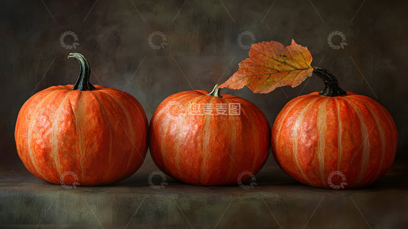 高清大图下载【趣麦麦图】三只小南瓜与秋叶的自然秋季摆设摄影图