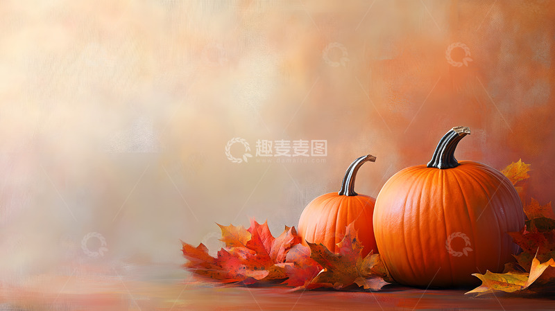 高清大图下载【趣麦麦图】浅色背景下的橙色南瓜与秋叶简单摆设摄影图