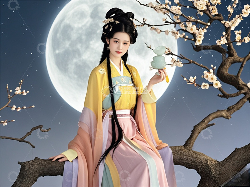 高清大图下载【趣麦麦图】古风黄衣长发美女拈玉人物背景图