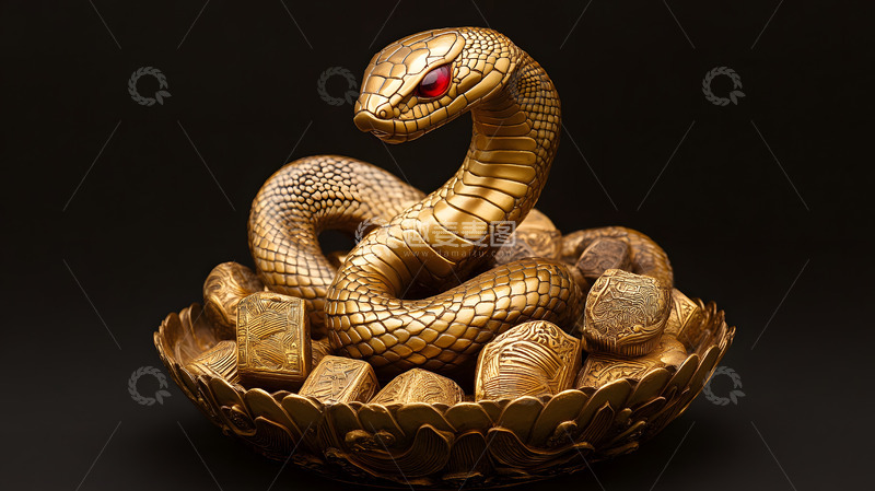 蛇年金色蛇盘金块雕塑新年吉祥工艺品摆件