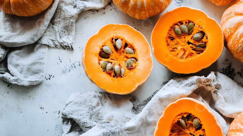 高清大图下载【趣麦麦图】切开南瓜与南瓜籽食品摄影图
