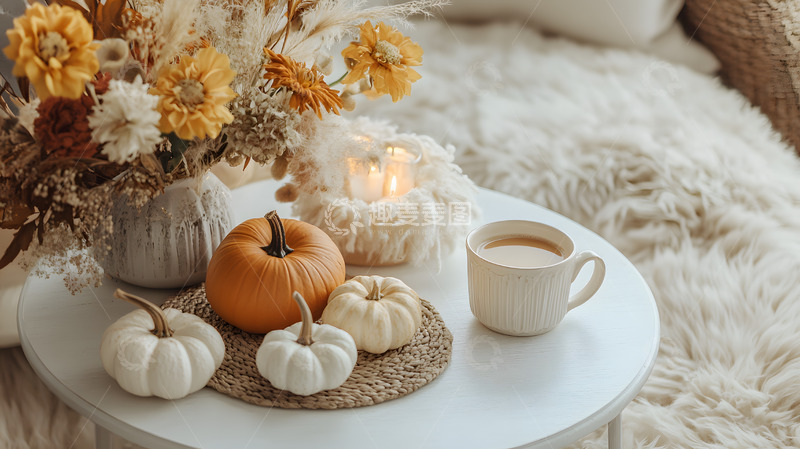 高清大图下载【趣麦麦图】温馨秋季摆设小南瓜与茶杯室内装饰摄影图
