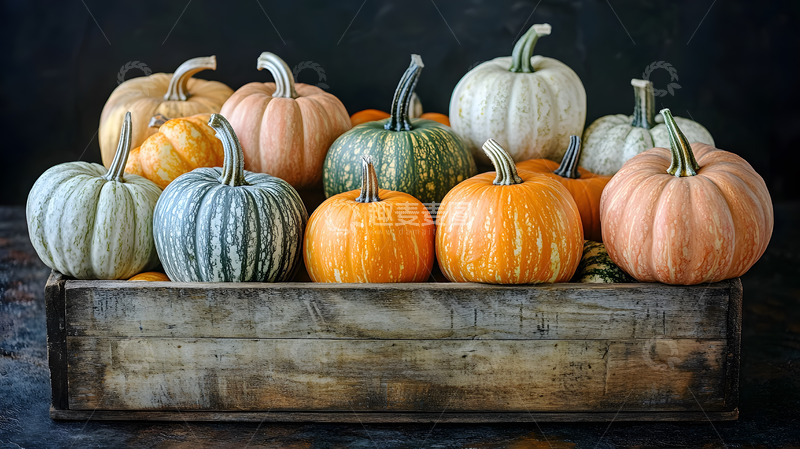 高清大图下载【趣麦麦图】木箱中的多种颜色南瓜产品展示摄影图