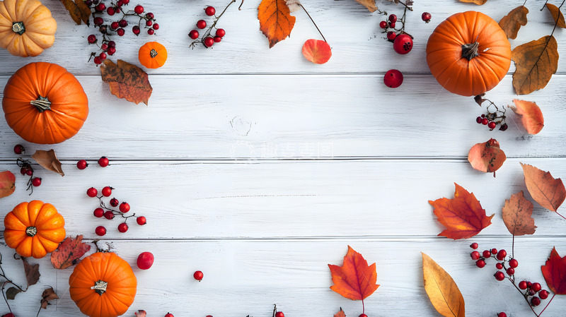 高清大图下载【趣麦麦图】白色木板上的南瓜与秋叶和浆果装饰摄影图