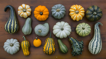 各种形状与颜色的葫芦与南瓜展示摄影图