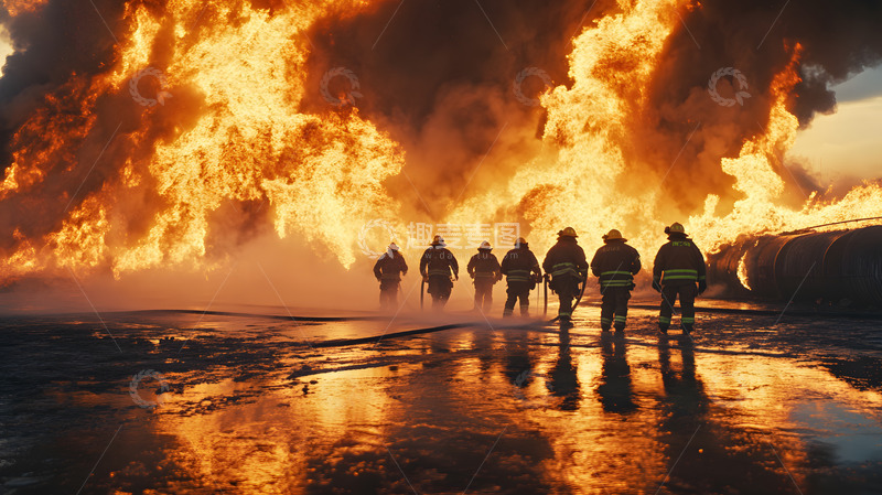 高清大图下载【趣麦麦图】消防员集体行动应对大规模火灾紧急救援