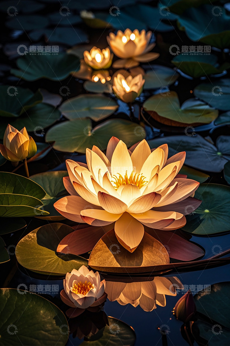 高清大图下载【趣麦麦图】唯美夜晚荷花灯光影风景