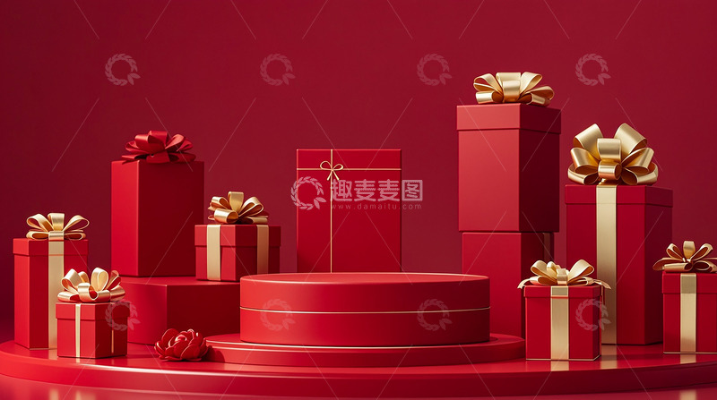 高清大图下载【趣麦麦图】红色礼盒新年喜庆展示台