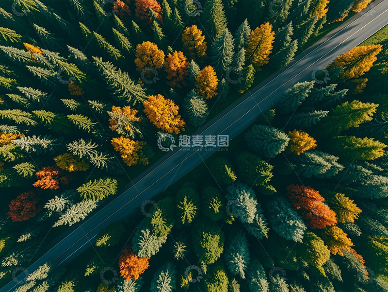 高清大图下载【趣麦麦图】绿色大气秋季秋天旅游森林公路风景