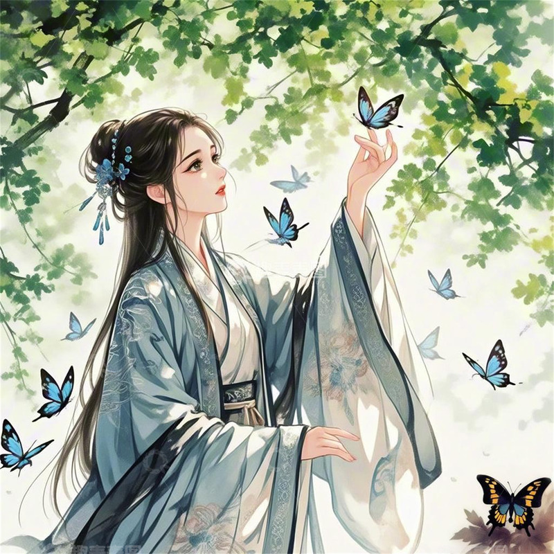 高清大图下载【趣麦麦图】古风绿叶蝴蝶美女背景图