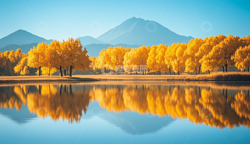 高清大图下载【趣麦麦图】唯美蓝天白天秋天树木山峰海边风景