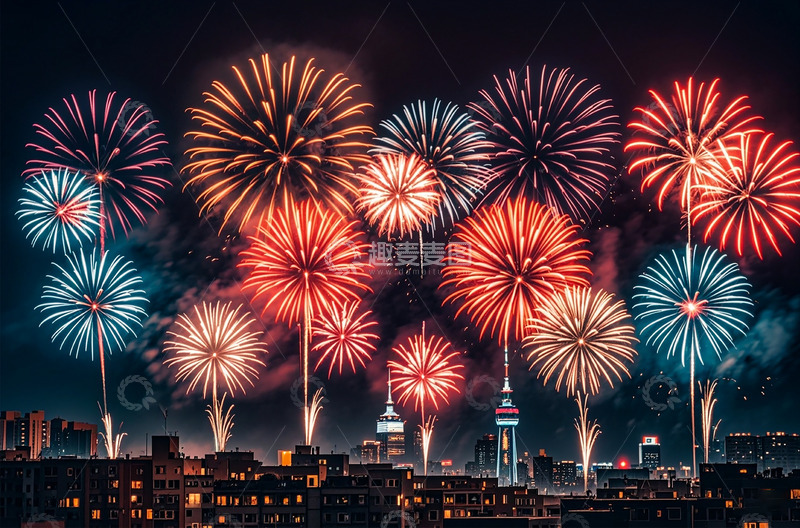 高清大图下载【趣麦麦图】唯美城市七彩烟花氛围幸福
