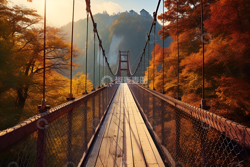 高清大图下载【趣麦麦图】深秋山林里的吊桥