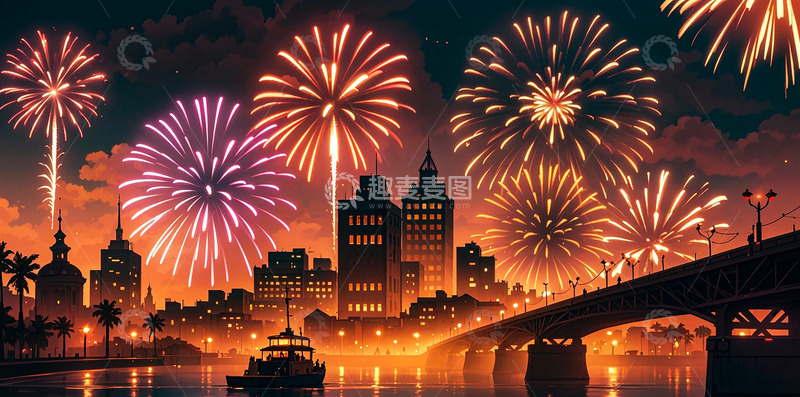 高清大图下载【趣麦麦图】新年夜晚城市灯光唯美烟花喜庆氛围感