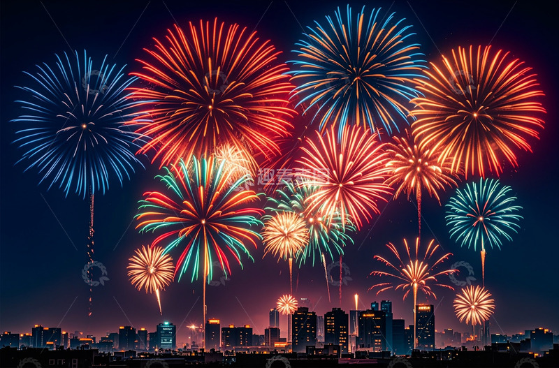 高清大图下载【趣麦麦图】城市全景烟花新年幸福七彩
