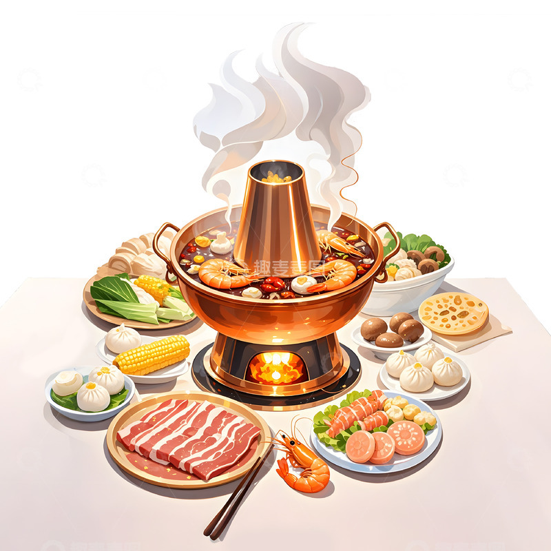 高清大图下载【趣麦麦图】老北京铜锅涮肉卡通插画素材