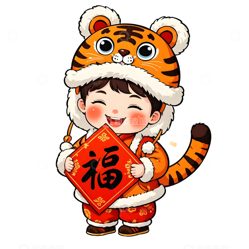 高清大图下载【趣麦麦图】春节卡通戴虎头帽的男孩
