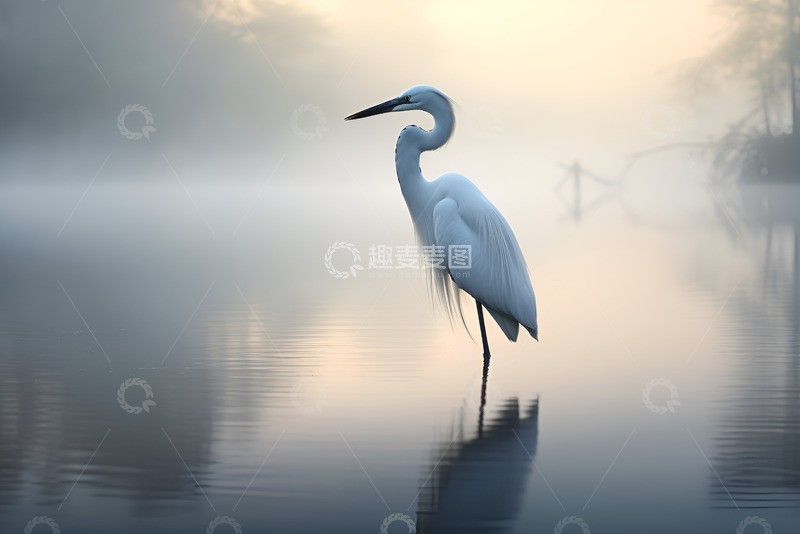 高清大图下载【趣麦麦图】湖面上的一只白鹤