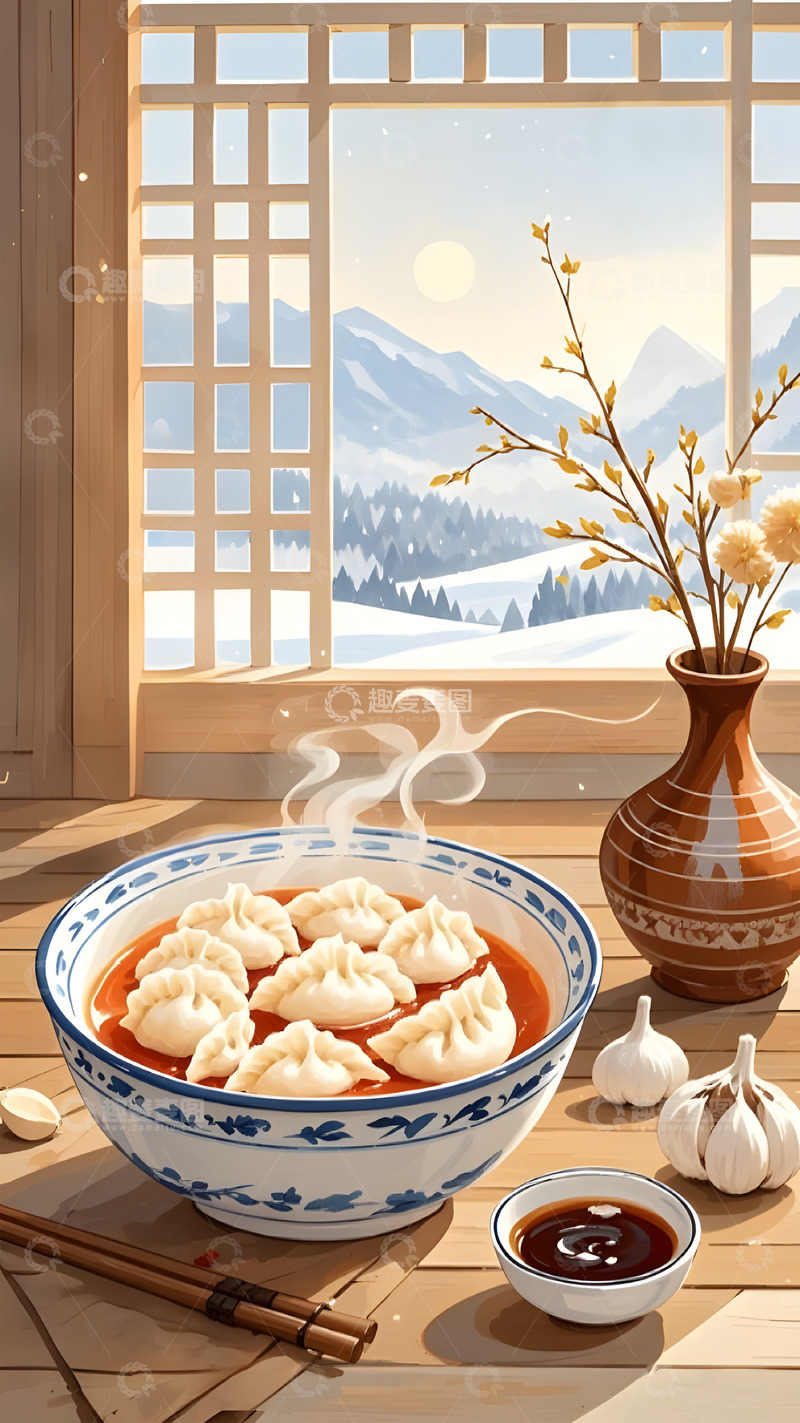 高清大图下载【趣麦麦图】冬至春节饺子插画背景