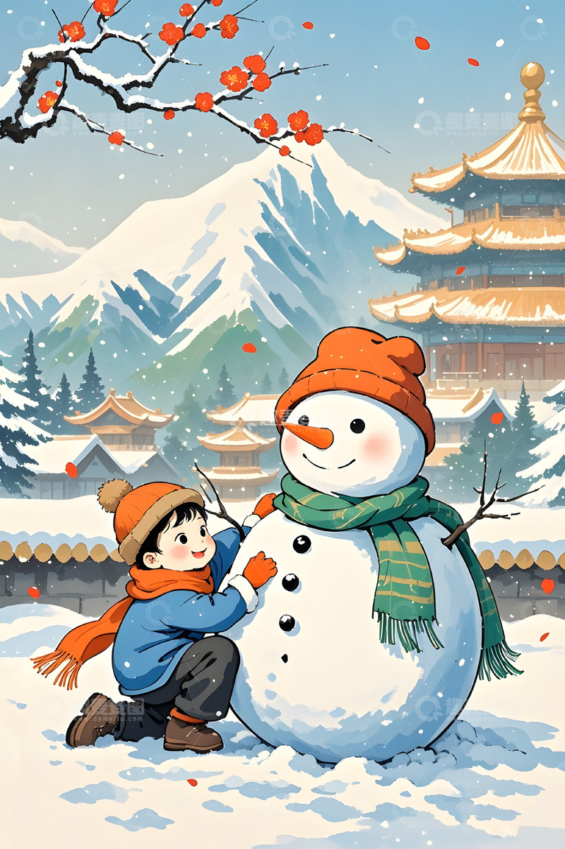 高清大图下载【趣麦麦图】冬季堆雪人的卡通男孩背景素材