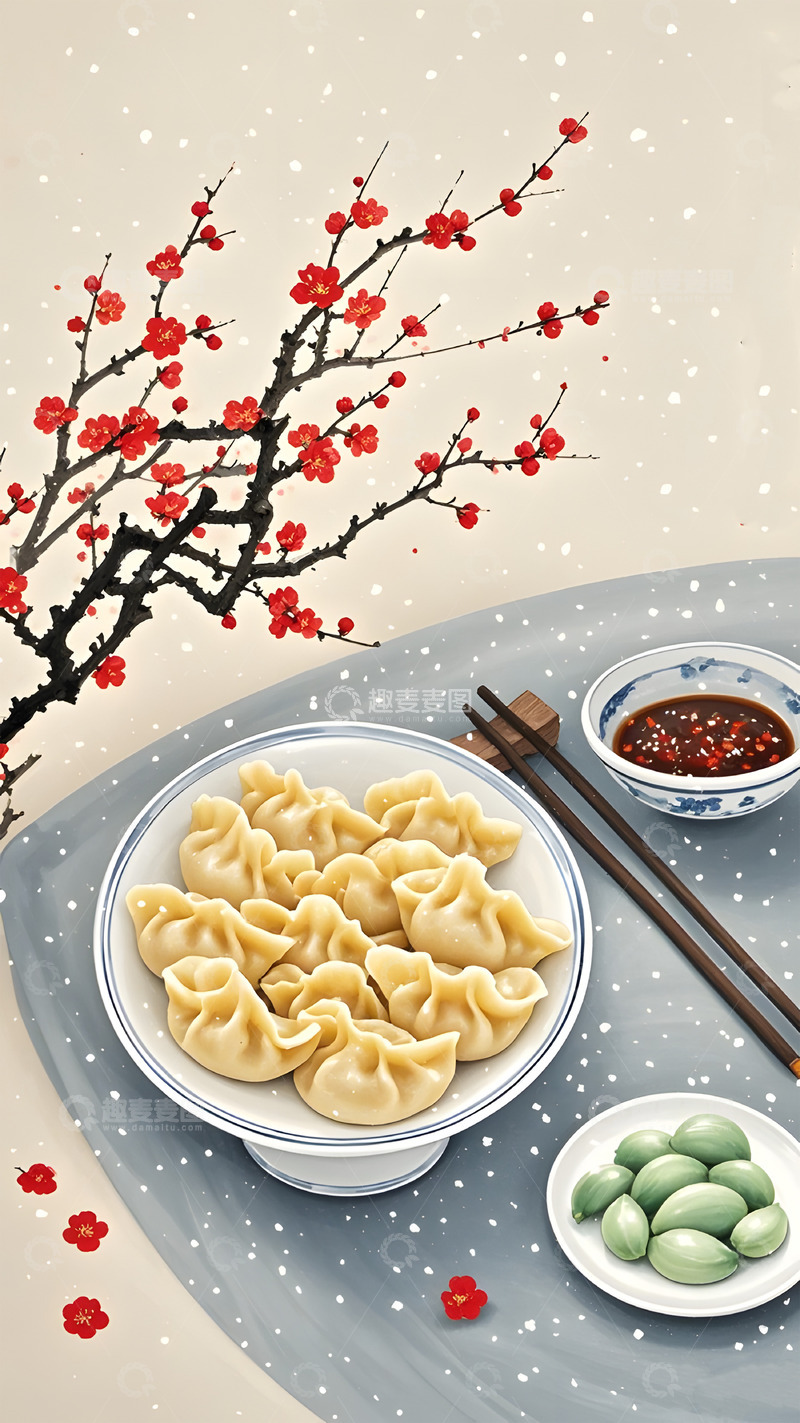 高清大图下载【趣麦麦图】冬至水墨风插画饺子背景图