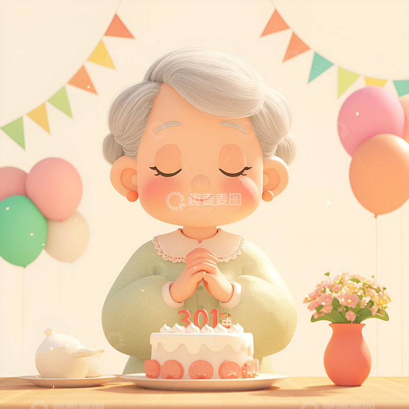 高清大图下载【趣麦麦图】庆祝生日的老奶奶