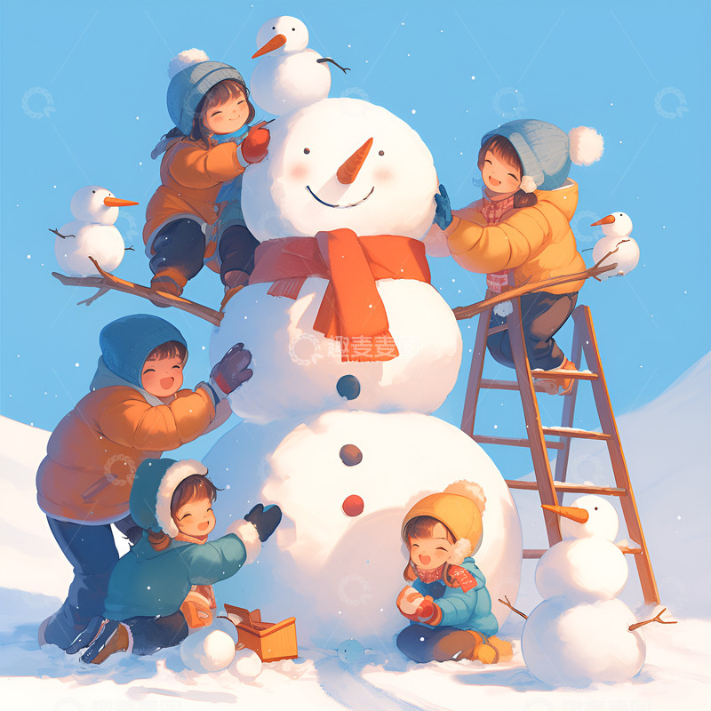 高清大图下载【趣麦麦图】一群小孩堆雪人