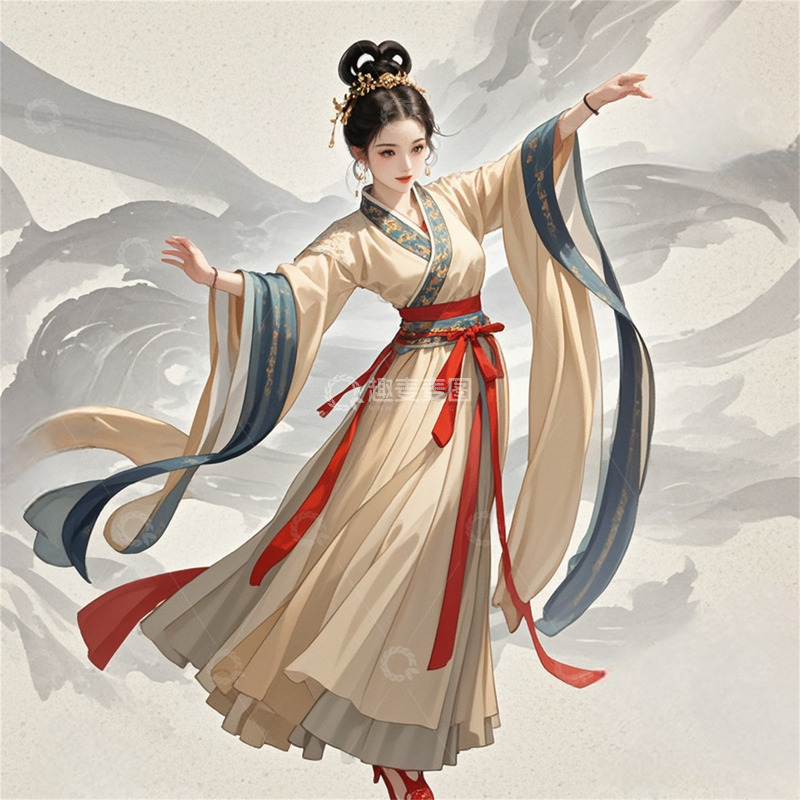 高清大图下载【趣麦麦图】古风国潮米白蓝边襦裙美女图