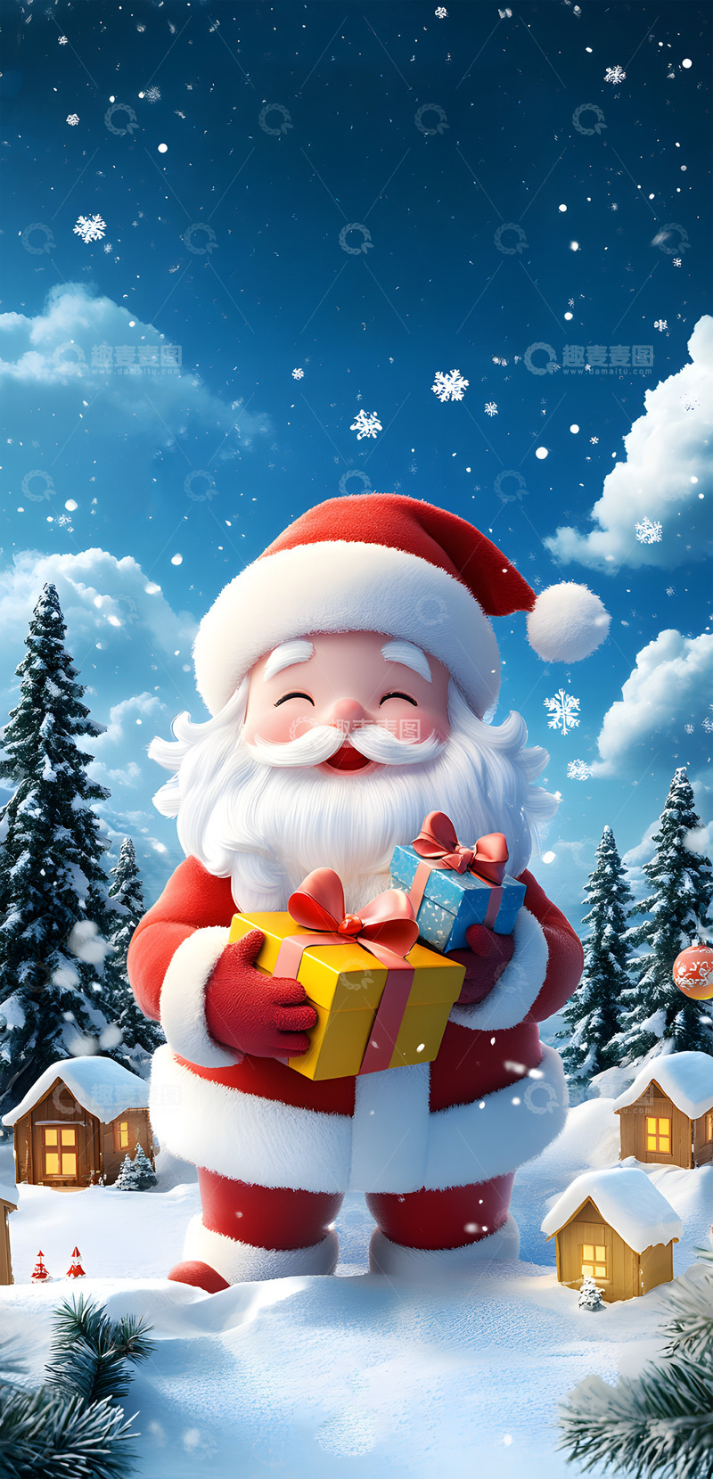高清大图下载【趣麦麦图】圣诞节3D圣诞老人卡通背景图