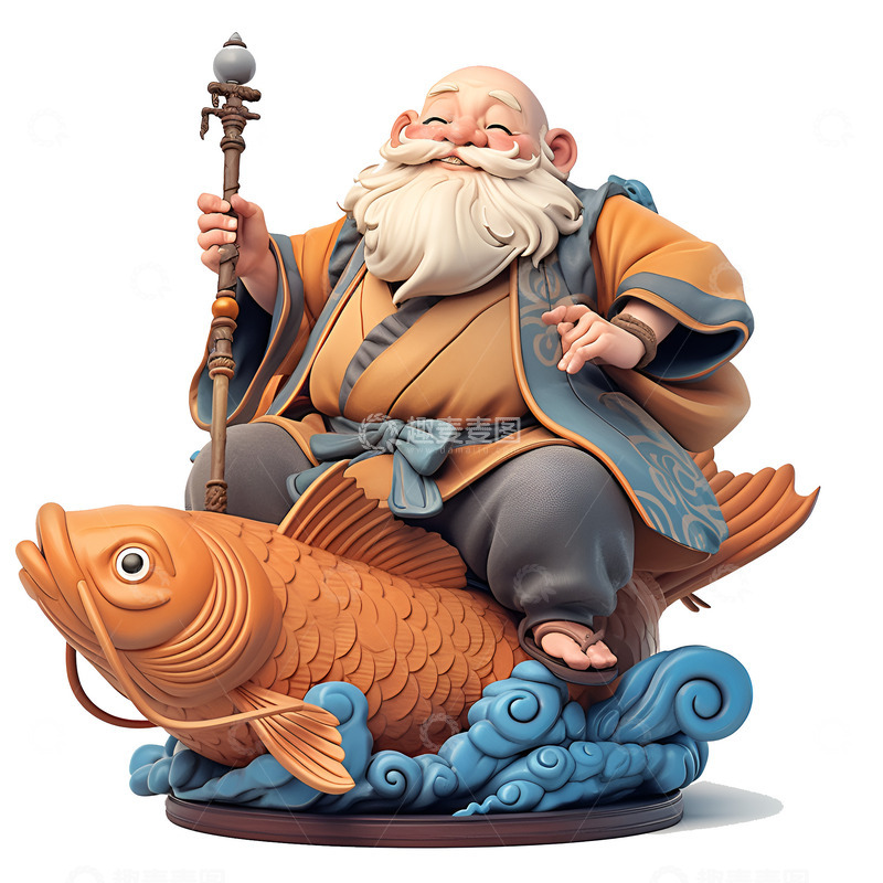 高清大图下载【趣麦麦图】骑着鲤鱼的大胡子老人